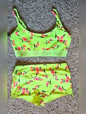 PINK Victoria’s Secret Neon Floral Bikini Swimsuit Set Medium Y2K Swimwear